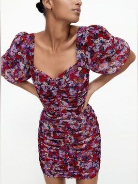 Zara Floral Ruched Puff Sleeve Bodycon Mini Dress Sweetheart Lined X-Small